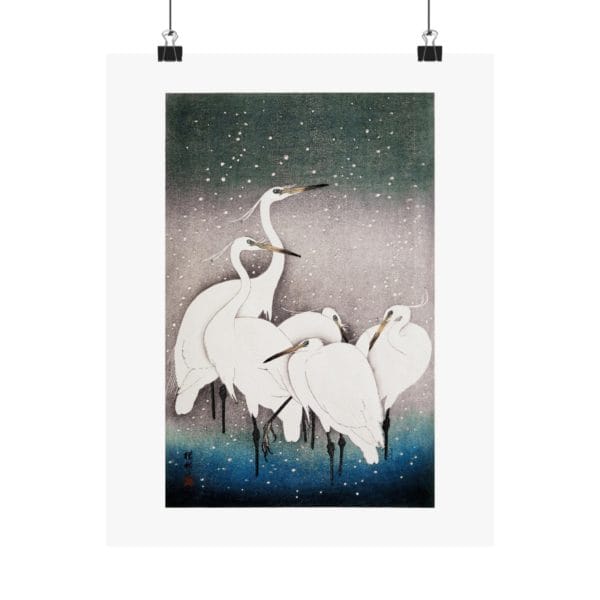 Front, 11″ x 14″ – Ohara Koson Print – Group Of Egrets #051 (public domain reproduction) Ohara Koson Print – Group Of Egrets #051 (public domain reproduction)