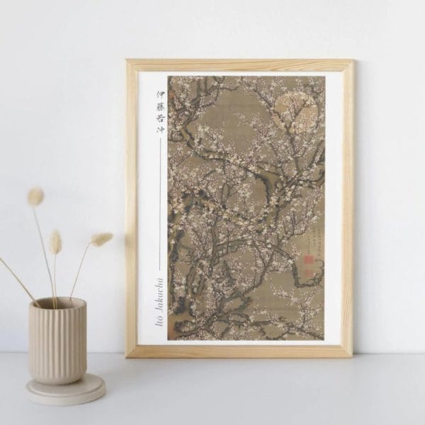 in frame -Itō Jakuchū Print – White Plum Blossoms and Moon (1755) #006 (public domain reproduction) Itō Jakuchū Print – White Plum Blossoms and Moon (1755) #006 (public domain reproduction)