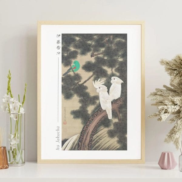 in frame -Itō Jakuchū Print – Cockatoos in an old pine (18th century) #011 (public domain reproduction) Itō Jakuchū Print – Cockatoos in an old pine (18th century) #011 (public domain reproduction)