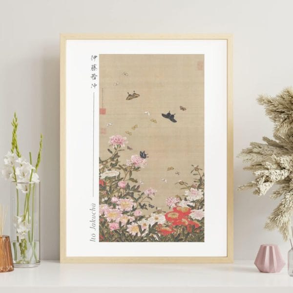 Itō Jakuchū Print – Herbaceous peonies and butterflies (18th century) #016 (public domain reproduction)