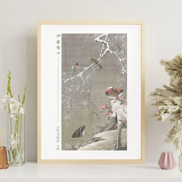 Itō Jakuchū Print – Mandarin ducks in the snow (18th century) #017 (public domain reproduction)