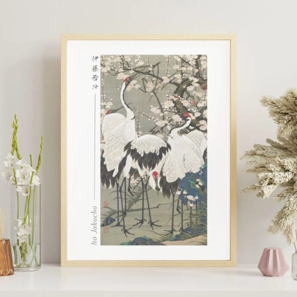 Itō Jakuchū Print – Plum Blossoms and Cranes (circa 1761–1765) #030 (public domain reproduction)