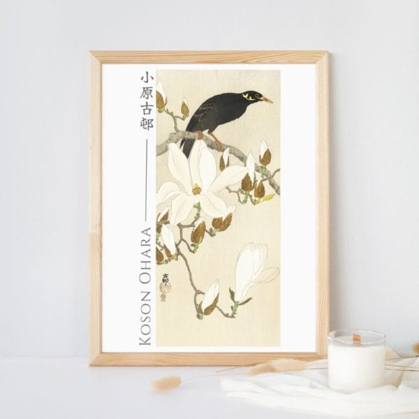 in frame Ohara Koson Print – Myna On Magnolia Branch #062 (public domain reproduction) Ohara Koson Print – Myna On Magnolia Branch #062 (public domain reproduction)