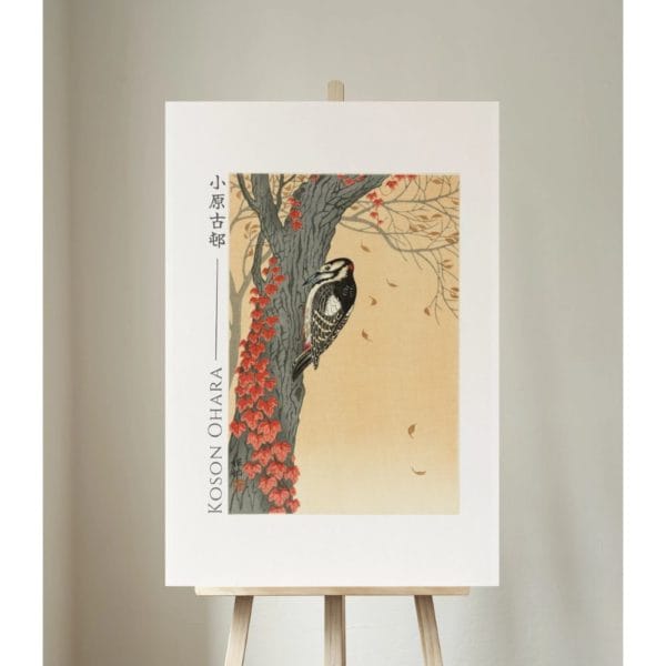 in frame Ohara Koson Print – Great Spotted Woodpecker In Tree With Red Ivy #081 (public domain reproduction) Ohara Koson Print – Great Spotted Woodpecker In Tree With Red Ivy #081 (public domain reproduction)