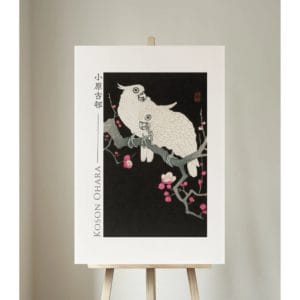 Ohara Koson Print – Two Cockatoo And Plum Blossom #085  (public domain reproduction)