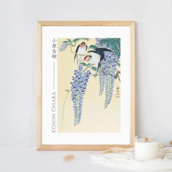 in frame Ohara Koson Print – Swallows And Wisteria #099 (public domain reproduction) Ohara Koson Print – Swallows And Wisteria #099 (public domain reproduction)