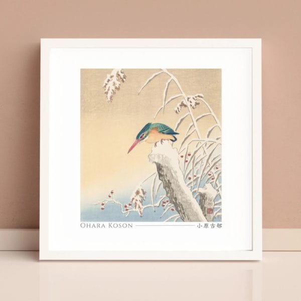 in frame Ohara Koson Print – Kingfisher In Snow Square #005 (public domain reproduction) Ohara Koson Print – Kingfisher In Snow Square #005 (public domain reproduction)