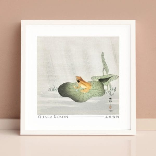 in frame Ohara Koson Print – Frog On Lotus Leaf Square #007 (public domain reproduction) Ohara Koson Print – Frog On Lotus Leaf Square #007 (public domain reproduction)