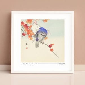 Ohara Koson Print – Two Pigeons On Autumn Branch Square #009 (public domain reproduction)