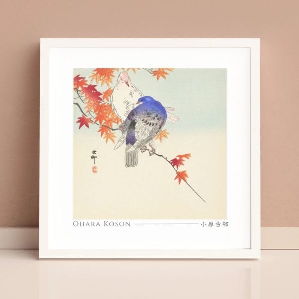 in frame - Ohara Koson Print – Two Pigeons On Autumn Branch Square #009 (public domain reproduction) Ohara Koson Print – Two Pigeons On Autumn Branch Square #009 (public domain reproduction)