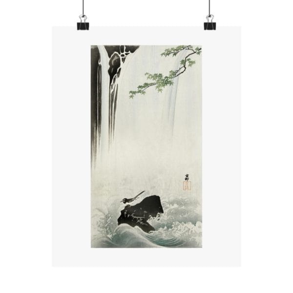 Front, 11″ x 14″ – Ohara Koson Print – Japanese Wagtail At Waterfall #049 (public domain reproduction) Ohara Koson Print – Japanese Wagtail At Waterfall #049 (public domain reproduction)