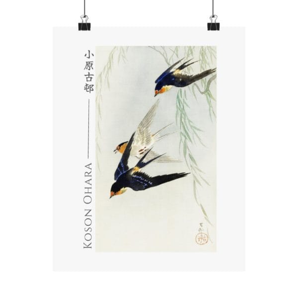 Front, 11″ x 14″ – Ohara Koson Print – Three Birds In Full Flight #009 (public domain reproduction) Ohara Koson Print – Three Birds In Full Flight #009 (public domain reproduction)