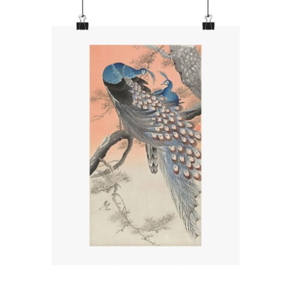 Ohara Koson Print – Two Peacocks On Tree Branch #025 (public domain reproduction)
