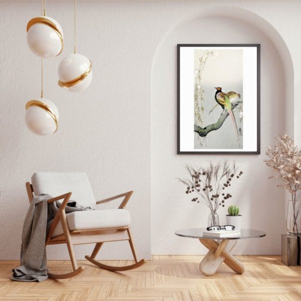 in frame on wall Ohara Koson Print – Pheasants And Cherry Blossom #064 (public domain reproduction) Ohara Koson Print – Pheasants And Cherry Blossom #064 (public domain reproduction)