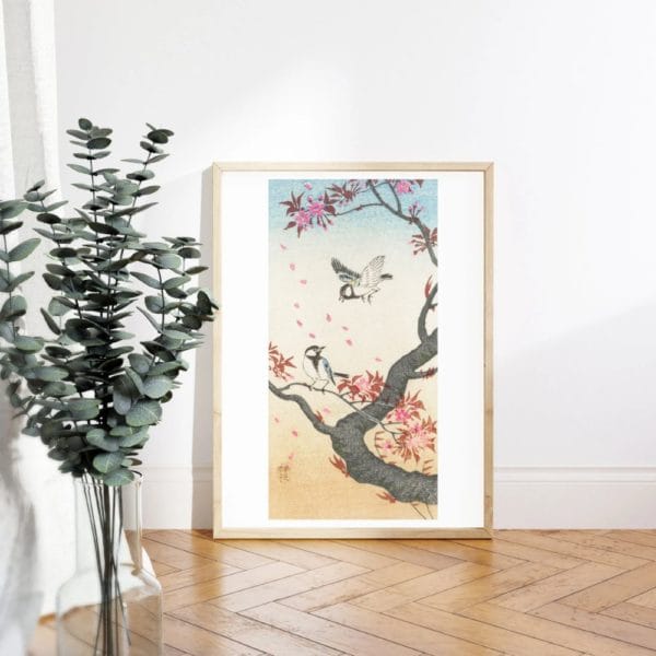 in frame Ohara Koson Print – Two Great Tits At Blossoming Tree #086 (public domain reproduction) Ohara Koson Print – Two Great Tits At Blossoming Tree #086 (public domain reproduction)