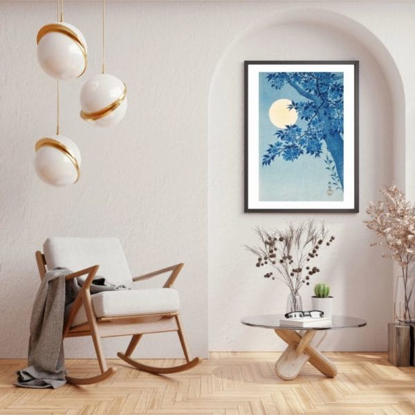 in frame on wall Ohara Koson Print – Blossoming Cherry on a Moonlit Night #093 (public domain reproduction) Ohara Koson Print – Blossoming Cherry on a Moonlit Night #093 (public domain reproduction)