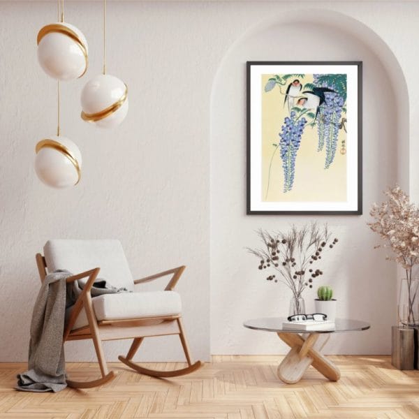 in frame on wall image Ohara Koson Print – Swallows And Wisteria #099 (public domain reproduction) Ohara Koson Print – Swallows And Wisteria #099 (public domain reproduction)