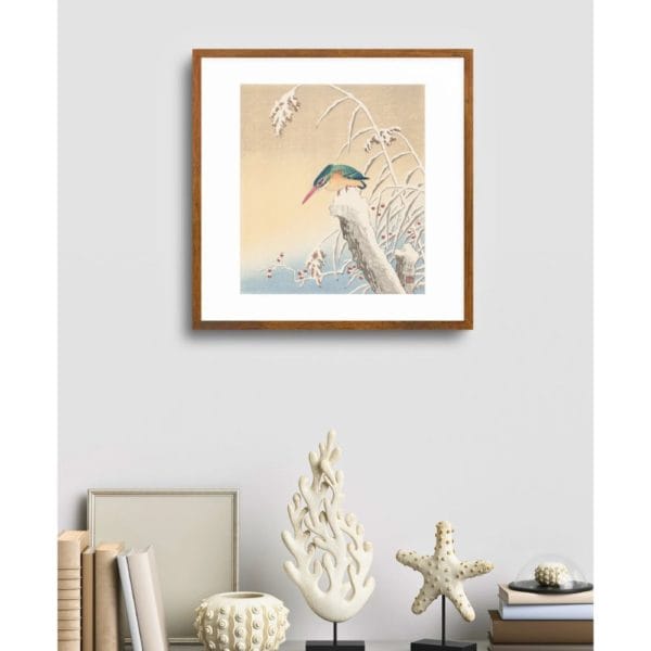 in frame Ohara Koson Print – Kingfisher In Snow Square #005 (public domain reproduction) Ohara Koson Print – Kingfisher In Snow Square #005 (public domain reproduction)