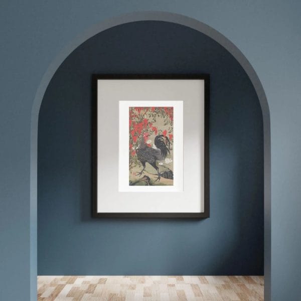 Itō Jakuchū Print – Black rooster and nandin (18th century) #010 (public domain reproduction)