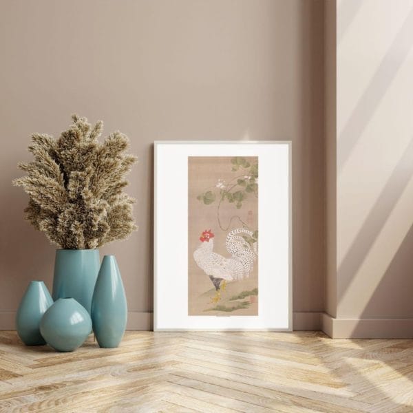 in frame -Itō Jakuchū Print – White rooster (18th century) #015 (public domain reproduction) Itō Jakuchū Print – White rooster (18th century) #015 (public domain reproduction)