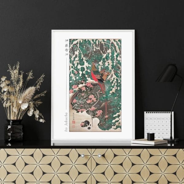 in frame image -Itō Jakuchū Print – Golden Pheasants in Snow (circa 1761–1765) #031 (public domain reproduction) Itō Jakuchū Print – Golden Pheasants in Snow (circa 1761–1765) #031 (public domain reproduction)