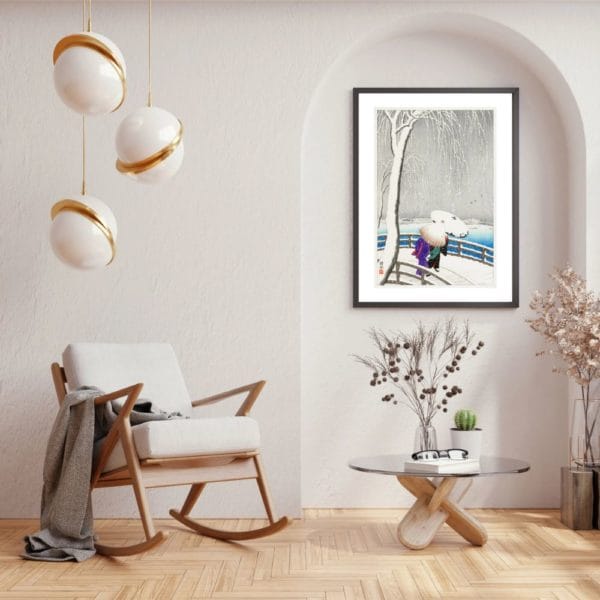 in frame on wall Ohara Koson Print – Two Women In The Snow On The Yanagi Bridge #003 (public domain reproduction) Ohara Koson Print – Two Women In The Snow On The Yanagi Bridge #003 (public domain reproduction)