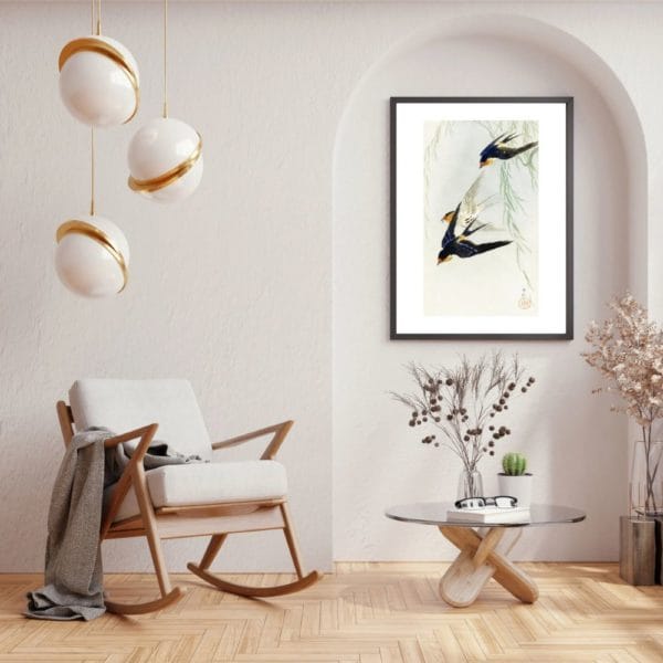 in frame on wall Ohara Koson Print – Three Birds In Full Flight #009 (public domain reproduction) Ohara Koson Print – Three Birds In Full Flight #009 (public domain reproduction)