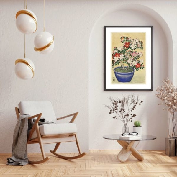 in frame on wall image Ohara Koson Print – Blooming Azalea In Blue Pot #010 (public domain reproduction) Ohara Koson Print – Blooming Azalea In Blue Pot #010 (public domain reproduction)