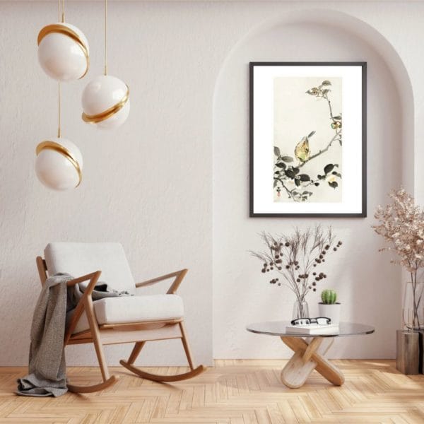 in frame on wall image Ohara Koson Print – Bunting On Blossom Branch #012 (public domain reproduction) Ohara Koson Print – Bunting On Blossom Branch #012 (public domain reproduction)