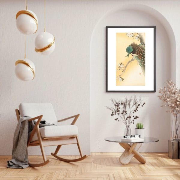 in frame on wall image Ohara Koson Print – Peacock on a cherry blossom tree #013 (public domain reproduction) Ohara Koson Print – Peacock on a cherry blossom tree #013 (public domain reproduction)