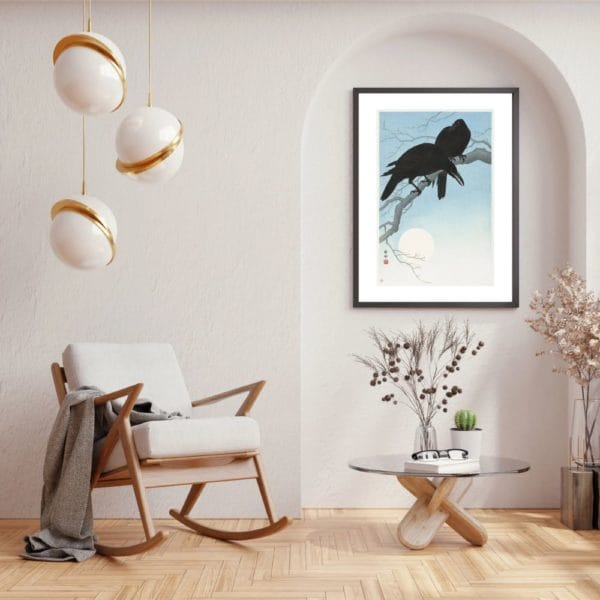 in frame on wall Ohara Koson Print – Two Crows On A Branch #015 (public domain reproduction) Ohara Koson Print – Two Crows On A Branch #015 (public domain reproduction)