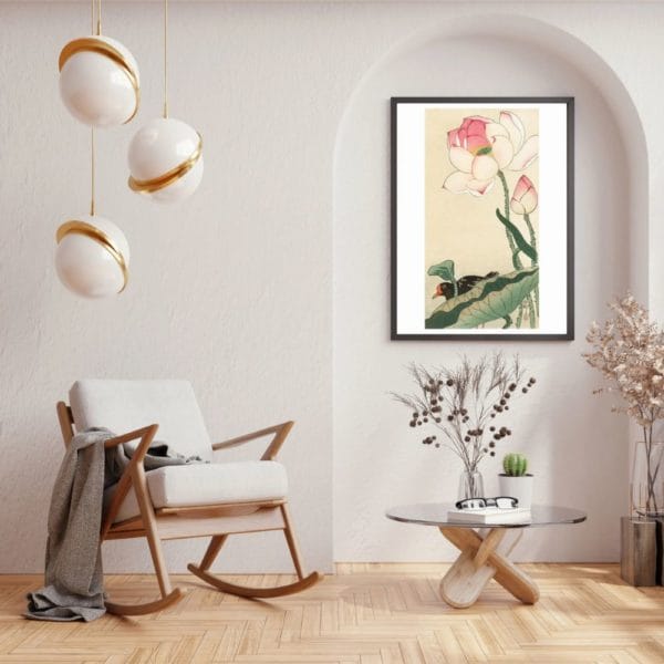 in frame on wall Ohara Koson Print – Gallinule with Lotus Flowers #024 (public domain reproduction) Ohara Koson Print – Gallinule with Lotus Flowers #024 (public domain reproduction)