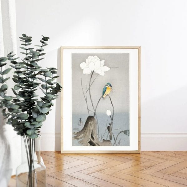 in frame Ohara Koson Print – Kingfisher With Lotus Flower #032 (public domain reproduction) Ohara Koson Print – Kingfisher With Lotus Flower #032 (public domain reproduction)