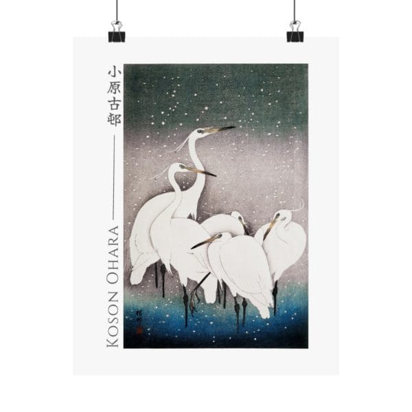 Front, 11″ x 14″ – Ohara Koson Print – Group Of Egrets #051 (public domain reproduction) Ohara Koson Print – Group Of Egrets #051 (public domain reproduction)