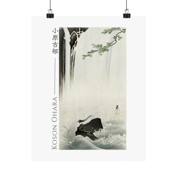Front, 11″ x 14″ – Ohara Koson Print – Japanese Wagtail At Waterfall #049 (public domain reproduction) Ohara Koson Print – Japanese Wagtail At Waterfall #049 (public domain reproduction)