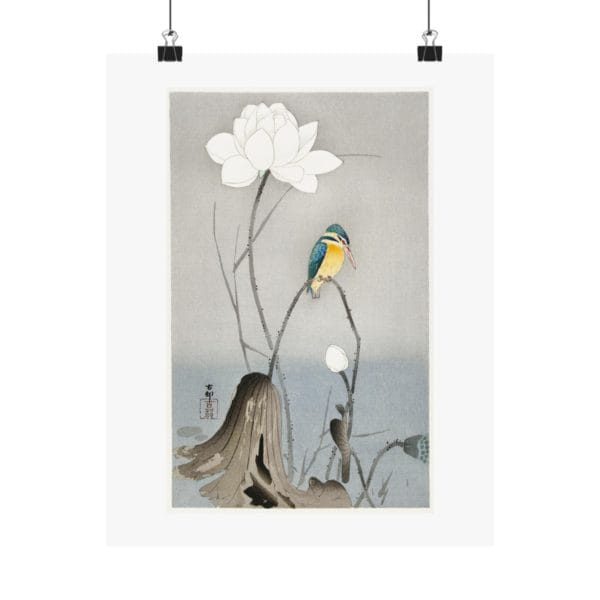 Front, 11″ x 14″ – Ohara Koson Print – Kingfisher With Lotus Flower #032 (public domain reproduction) Ohara Koson Print – Kingfisher With Lotus Flower #032 (public domain reproduction)