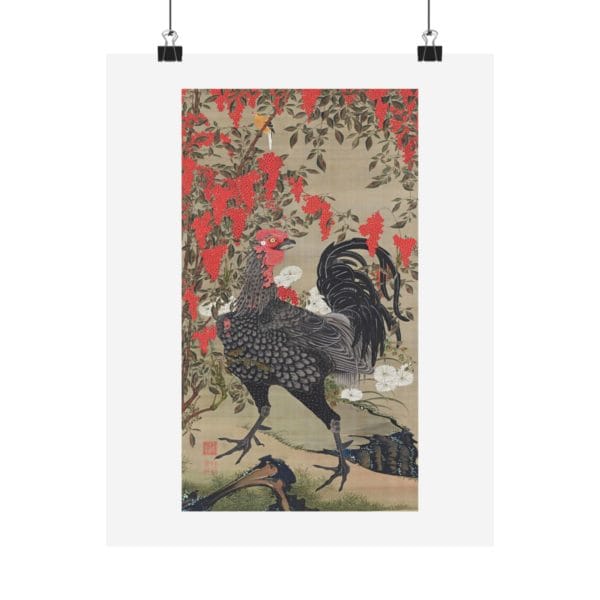 Itō Jakuchū Print – Black rooster and nandin (18th century) #010 (public domain reproduction)