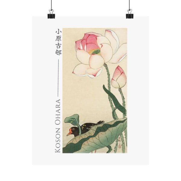 Front, 11″ x 14″ – Ohara Koson Print – Gallinule with Lotus Flowers #024 (public domain reproduction) Ohara Koson Print – Gallinule with Lotus Flowers #024 (public domain reproduction)