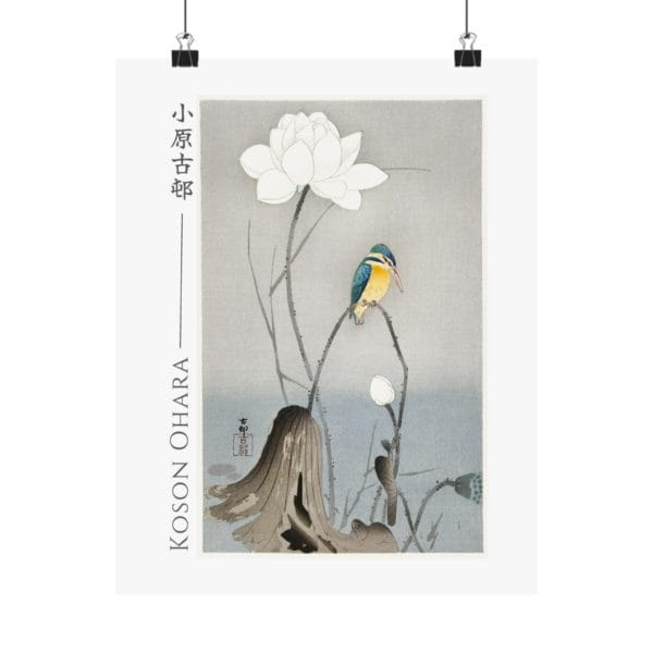 Front, 11″ x 14″ – Ohara Koson Print – Kingfisher With Lotus Flower #032 (public domain reproduction) Ohara Koson Print – Kingfisher With Lotus Flower #032 (public domain reproduction)