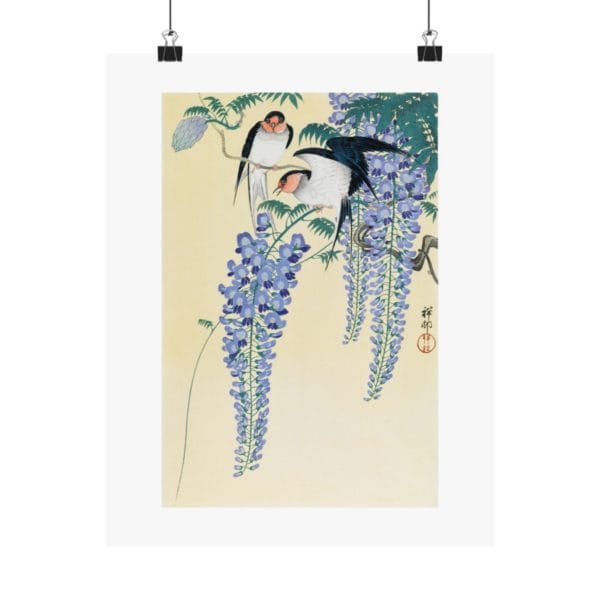Front, 11″ x 14″ – Ohara Koson Print – Swallows And Wisteria #099 (public domain reproduction) Ohara Koson Print – Swallows And Wisteria #099 (public domain reproduction)