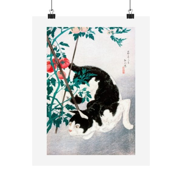 Takahashi Shōtei Print – Cat with Tomato Plant (1931) #005 (public domain reproduction)