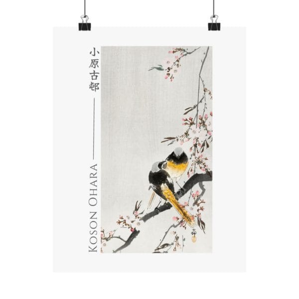 Front, 11″ x 14″ – Ohara Koson Print – Two Sable Red Tails With Cherry Blossom #044 (public domain reproduction) Ohara Koson Print – Two Sable Red Tails With Cherry Blossom #044 (public domain reproduction)