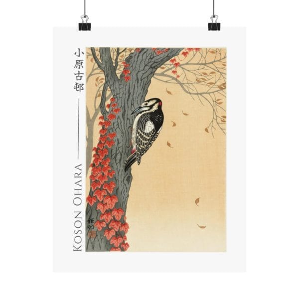 Front, 11″ x 14″ – Ohara Koson Print – Great Spotted Woodpecker In Tree With Red Ivy #081 (public domain reproduction) Ohara Koson Print – Great Spotted Woodpecker In Tree With Red Ivy #081 (public domain reproduction)