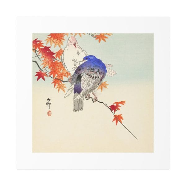 Front, 11_ x 11_, Ohara Koson Print – Two Pigeons On Autumn Branch Square #009 (public domain reproduction) Ohara Koson Print – Two Pigeons On Autumn Branch Square #009 (public domain reproduction)