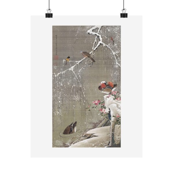 Itō Jakuchū Print – Mandarin ducks in the snow (18th century) #017 (public domain reproduction)