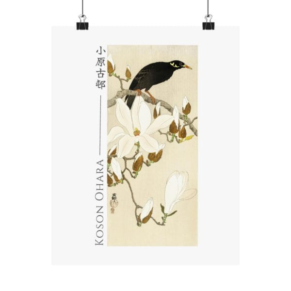 Front, 11″ x 14″ – Ohara Koson Print – Myna On Magnolia Branch #062 (public domain reproduction) Ohara Koson Print – Myna On Magnolia Branch #062 (public domain reproduction)