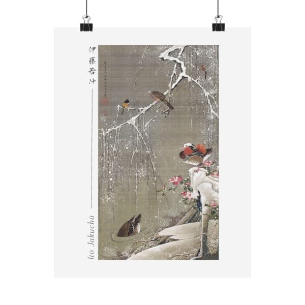 Itō Jakuchū Print – Mandarin ducks in the snow (18th century) #017 (public domain reproduction)