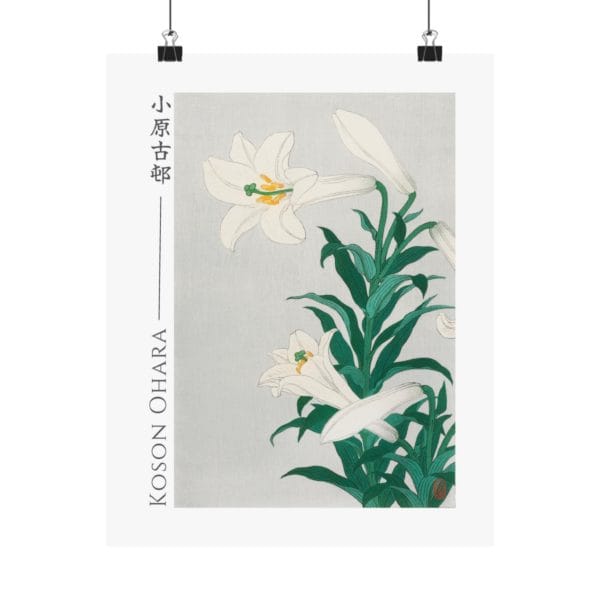 Front, 11″ x 14″ – Ohara Koson Print – Lilies #055 (public domain reproduction) Ohara Koson Print – Lilies #055 (public domain reproduction)