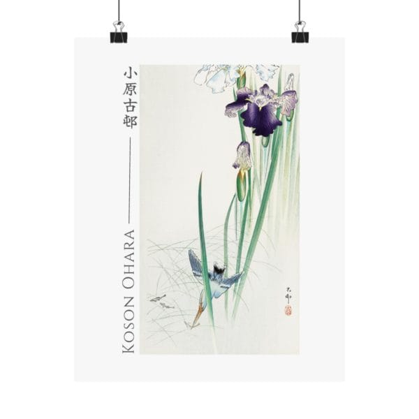 Front, 11″ x 14″ – Ohara Koson Print – Kingfisher And Irises #040 (public domain reproduction) Ohara Koson Print – Kingfisher And Irises #040 (public domain reproduction)