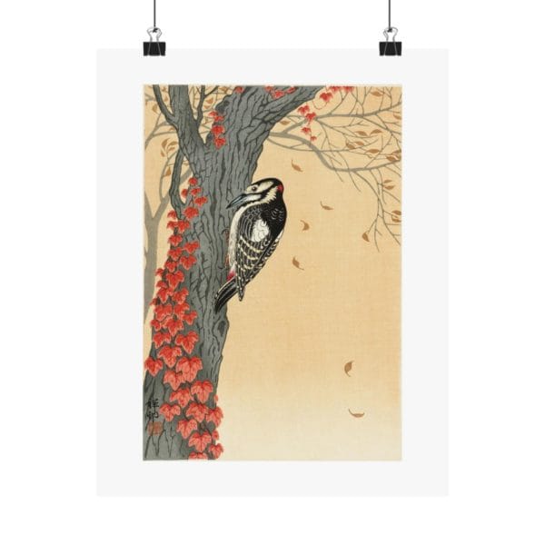 Front, 11″ x 14″ – Ohara Koson Print – Great Spotted Woodpecker In Tree With Red Ivy #081 (public domain reproduction) Ohara Koson Print – Great Spotted Woodpecker In Tree With Red Ivy #081 (public domain reproduction)